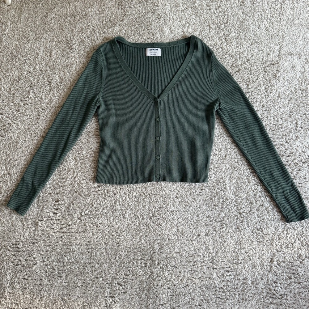 Oldnavy Ribbed Top Womens Medium‎ Olive Green Cropped Low Cut Buttons
